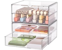 Vanity Organizer met 4 brede lades: Set van 2 acryl bureau-organizers met antislip pads | Stapelbare ladekast voor kantoor, slaapkamer, badkamer