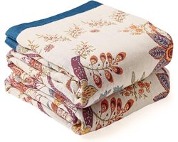 VANJOROY 100% Organic Cotton Sofa Large Bed Blanket - 150 x 200 cm, Soft Skin-friendly Double-Sided Boho Floral Beige Throw for 2 3 Seater Settees Armchair Sofa and Bedspread.