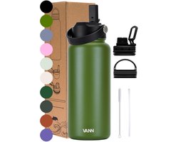 VANN® 3-Wandige RVS Drinkfles 1 liter met rietje voor volwassenen – Met 5 accessoires – Thermosfles – 24 uur koud/12 uur warm – Groen – Cadeau voor man en vrouw – Ultimate Bottle™