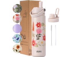 VANN® 3-Wandige RVS Drinkfles 650 ML met rietje voor volwassenen – Met 2 doppen – Thermosfles – 12 uur warm/24 uur koud – Bloemen fles – Cadeau voor man en vrouw -VANN FLOWER BOTTLE