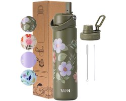 VANN® 3-Wandige RVS Drinkfles 650 ML met rietje voor volwassenen – Met 2 doppen – Thermosfles – 12 uur warm/24 uur koud – Bloemen fles – Cadeau voor man en vrouw –VANN FLOWER BOTTLE