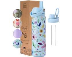 VANN® 3-Wandige RVS Drinkfles 650 ML met rietje voor volwassenen – Met 2 doppen – Thermosfles – 12 uur warm/24 uur koud – Bloemen fles – VANN FLOWER BOTTLE
