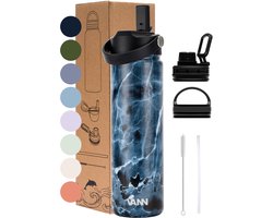 VANN® 3-Wandige RVS Drinkfles 650 ML met rietje voor volwassenen – Met 5 accessoires – Thermosfles – 24 uur koud/12 uur warm –Ocean Marble– VANN Ultimate Bottle®