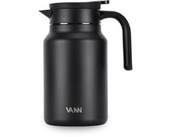 VANN® 3-wandige RVS Thermoskan 1.5L – Isoleerkan – Schenkkan met Drukknop – Voor Koffie, Thee, IJswater & Meer – 36u Koud / 24u Warm – Zwart