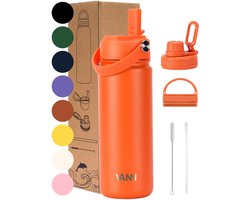 VANN® 3-Wandige RVS Waterfles 500 ML met rietje voor volwassenen – Met 5 accessoires – bidon – 24 uur koud/12 uur warm – Oranje – VANN Ultimate Bottle®
