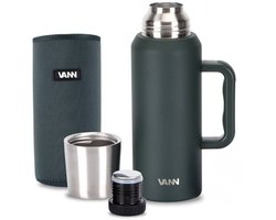 VANN® 3-Wandige Thermos Isoleerkan 1.2 Liter - RVS Thermoskan - 36U koud / 24U warm - Thermosfles met beker en dop in 1 - Inclusief beschermhoes
