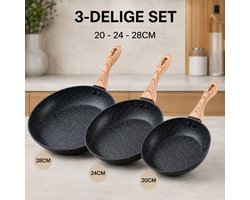 VARENO Keramische Koekenpannenset 3-delig - 20, 24 & 28 cm - PFAS-vrij - Anti-aanbaklaag - Inductie - Geschikt voor alle warmtebronnen - Zwart