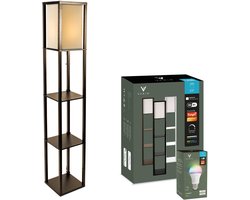 Varin® Vloerlamp met vakken - Donker bruin - Met E27 Led lamp - Dimbaar - Witlicht RGB - Smart Lamp Tuya wifi - Slimme staande lampen - Sfeerlamp - Vakkenkast - Lamp industrieel - Daglichtlamp - Vloerlampen - Verlichting woonkamer, keuken slaapkamer