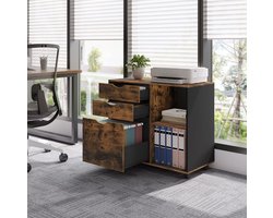 Varnox Archiefkast – Mobiele Rolcontainer – Bureaukast met 3 Laden – Hangmappenkast – Opbergkast op Wielen – Vintage Bruin/Zwart