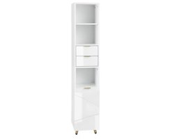 Varnox Badkamer kast - Kolomkast - Kast - Badkamermeubel - Opbergkast - Hoogglans - Hoge kast - 1 deur - 2 lades - Wit