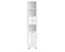 Varnox Badkamer kast - Lange kast - Smalle kast - Hoogglans badkamer kast - Opbergkast badkamer - Badmeubel - Kolomkast - Verstelbare planken - 2 lades - Hoogglans wit - 30x160x28.5cm