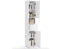 Varnox Badkamer kast - Lange kast - Smalle kast - Opbergkast badkamer - Badmeubel - Kolomkast - Verstelbare planken - 2 deurtjes - Lade - Wit - 170x30x30cm