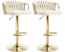 Varnox Barkruk - Barkrukken - Set van 2 Barkrukken - Fluwelen barkruk - Barkruk fluweel - Kruk - Velvet - Gevlochten patroon - Beige - Crème wit - Gouden Poot