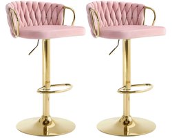 Varnox Barkruk - Barkrukken - Set van 2 Barkrukken - Fluwelen barkruk - Barkruk fluweel - Kruk - Velvet - Gevlochten patroon - Roze - Gouden Poot