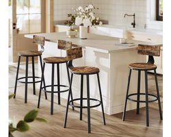 Varnox Barkruk - Barkrukken - Set van 4 barkrukken - Kruk met rugleuning - Industriële barkruk - Hout - Metaal - Bruin