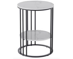 Varnox Bijzettafel Rond - Sidetable - Banktafel - Eindtafel - Koffietafel - Hoog frame - Nachtkastje - Gesinterd Steen - Marmerlook - Licht grijs - Zwart metaal - 40x40x54cm
