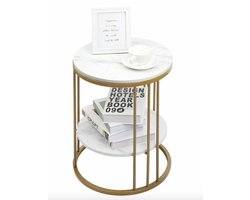 Varnox Bijzettafel Rond - Sidetable - Banktafel - Eindtafel - Koffietafel - Nachtkastje - Gesinterd Steen - Marmerlook - Wit - Goud metaal
