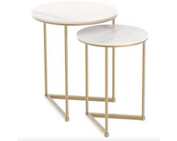 Varnox Bijzettafel - Set van 2 tafels - Salonrafel - Sidetable - Banktafel - Eindtafel - Koffietafel - Nachtkastje - Gesinterd Steen - Metaal - Marmerlook - Rond - Wit - Goud