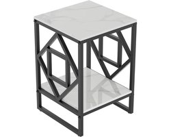 Varnox Bijzettafel vierkant - Sidetable - Banktafel - Eindtafel - Koffietafel - Nachtkastje - Gesinterd Steen - Marmerlook - Licht grijs - Zwart metaal - 40x40x58cm