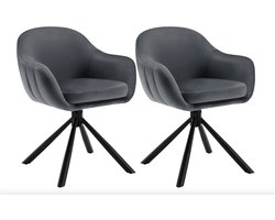 Varnox Eetkamer Stoelen - Eettafel stoelen - Stoelen - Draaistoel - Eetkamerstoel - Fauteuil - Stoel - Fluweel - Velvet - Set van 2 - 360 graden draaibaar - Donkergrijs - Grijs - Zwarte Poot