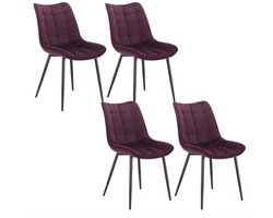 Varnox Eetkamer Stoelen - Eettafel stoelen - Stoelen - Eetkamerstoel - Fluweel - Velvet - Zachte stof - Set van 4 - Bordeaux - Zwarte Poot