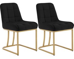 Varnox Eetkamer Stoelen - Twee Eettafel stoelen - Stoelen - Eetkamerstoel - Stoel eetkamer - Fluweel - Zachte stof - Velvet - Set van 2 - Zwart - Gouden metalen Poot
