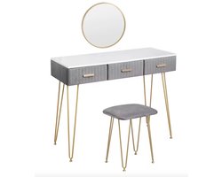 Varnox Grijze Kaptafel met kruk en spiegel - Kaptafel set - Fluwelen kaptafel - Tafel - Set - Make-up tafel - Grijs - Fluweel - 3 Lades - Tafel Meubelen - 1 Meter