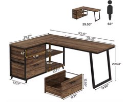 Varnox Hoek Bureau - Bureau - Buro - Hoekbureau met lades - L-vormig Bureau - 3 Lades - Industrieel - Bruin