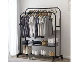 Varnox Kledingrek - Garderoberek - Rek - Kleding - Kledingstandaard - Open kledingrek - Kledingkast - Planken - Stang - Op wielen - Verrijdbaar - Metaal - Zwart