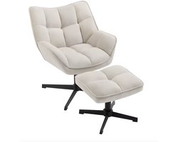 Varnox Loungestoel - Fauteuil - Stoel met hocker - Woonkamer stoel - Kamerstoel - Linnen stoel - Leesstoel - Relax stoel - Stoel met kruk - Draaibaar - Linnen - Beige