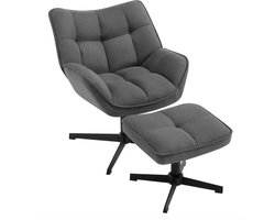 Varnox Loungestoel - Fauteuil - Stoel met hocker - Woonkamer stoel - Kamerstoel - Linnen stoel - Leesstoel - Relax stoel - Stoel met kruk - Draaibaar - Linnen - Grijs