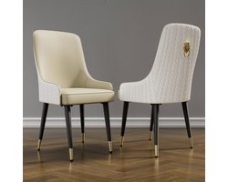 Varnox Luxe eetkamerstoel - Eettafelstoel - 2 Eetkamerstoelen - Stoel - Fauteuil - Kamerstoel - Set van 2 stoelen - Pu leer - Stof - Gouden Leeuw - Trekring - Crème wit/Beige