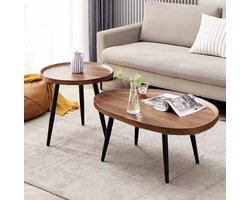 Varnox Salontafel - Salontafel set - Houten tafels - Koffietafel - Bijzettafel - Ovale salontafel - 2in1 combinatie - Zwarte poot - Ovaal - Druppel vorm - Donkerbruin - 80 cm en 40 cm