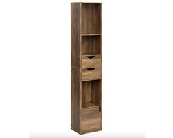 Varnox Smalle Boekenkast - Kast - Woonkamer kast - Opbergkast - 2 lades - 1 deurtje - Dark Oak - Donkerbruin