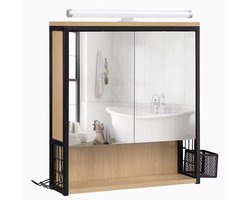 Varnox Spiegelkast - Wandkast - badkamerkast - Medicijnkast - Verstelbare plank - Fohnhouder - Met verlichting - Light oak - Hout - Metaal - Industrieel - Bruin - Zwart