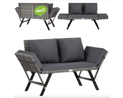 Varnox Tuinbank - Loungebank - Tuinbank - Loungebank met kussens - Verstelbare bank - Ligstoel - Verstelbare armleuning - Balkonbank - Afneembare hoes - Polyrattan - Grijs