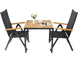 Varnox Tuinset - Balkonset - Bistroset - Aluminium tuinset - Tuinmeubel - Balkonmeubel - Klapstoelen en tafel - 2 stoelen - 1 tafel - Aluminium - Zwart met houtlook