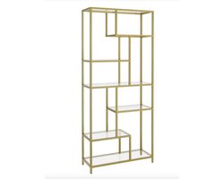 Varnox Wandkast - Boekenrek - Decoratie kast - Plankenstandaard - Woonkamer meubel - Winkeldecoratie - Badkamer - Keuken - Open vakken kast - Kantoorkast - 6 planken - Gehard glas - Goudkleurig - 30x80x180 cm