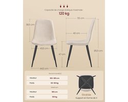 VASAGLE 2x Eetkamerstoelen - keukenstoelen - kuipstoel - metalen onderstel - Crème Wit met Zwart - set van 2 stuks