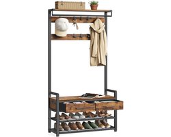 VASAGLE 6-in-1 Kapstok met Schoenenbank - Scheidbaar Ontwerp - 10 Haken, 2 Lades, Plank en Zitbank - Industrieel Design - 181,6 cm Hoog - Metaal & Hout - Vintage Bruin/Zwart