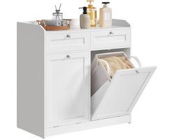 VASAGLE Badkamer Wasgoedkast met Wasmanden – 2 Lades & 2 Verborgen Kantelwasmanden met Handgrepen – Vloerstaand – 79 × 40 × 80 cm – Wolk‑wit (model UBBC751W01)