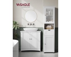 VASAGLE badkamerkast, badkamerkast, hoge kast, open vak, glazen deur, smal, badkamermeubel, badkamermeubel met poten, in hoogte verstelbare planken, ruimtebesparend, wolkenwit BBK163W01