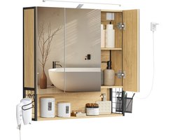 VASAGLE - Badkamermeubel - Wandkast - Spiegelkast - LED - Stopcontact - Föhnhouder - Grote Opbergruimte