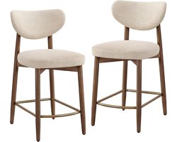 VASAGLE Barkruk set van 2, met rugleuning, massief houten poten, in linnenlook | Gewatteerde barkruk, 50 x 51,5 x 95,5 cm, cappuccino-beige en rustiek walnoot, MAZIO collectie