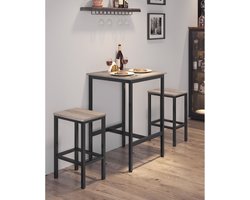 VASAGLE - Bartafel met 2 barkrukken - barset - vierkante bartafel - hout met metaal - beige grijs met zwart