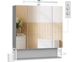 VASAGLE BBK126G01 Badkamer Spiegelkast met Verlichting, Plug, Hangmand, Haardrogerhouder, Badkamerkast, 70 x 16.5 x 75 cm, 3 Spiegeldeuren, Wolk Wit, Duifgrijs