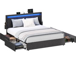 VASAGLE - Bed - LED Verlichting - 4 Lades - Verstelbaar Gestoffeerd Hoofdbord