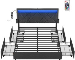 VASAGLE - Bed - LED Verlichting - 4 Lades - Verstelbaar Gestoffeerd Hoofdbord