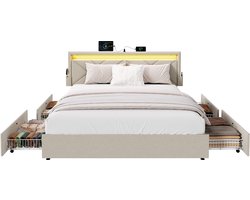 VASAGLE - Bed - LED-verlichting - 4 Lades - Verstelbaar Gestoffeerd Hoofdbord