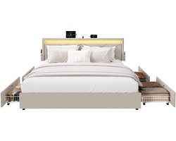 VASAGLE - Bed - LED Verlichting - 4 Lades - Verstelbaar Gestoffeerd Hoofdbord